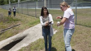 Students with Blue School grant program Students collecting water samples at a stormwater pond as part of the Blue School Grant program