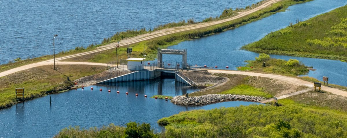 Aerial of a water control structure in the upper St. Johns River Basin
