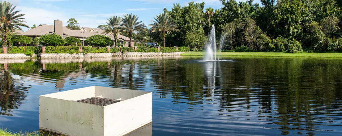 Stormwater pond with a fountain in the middle and houses behind it