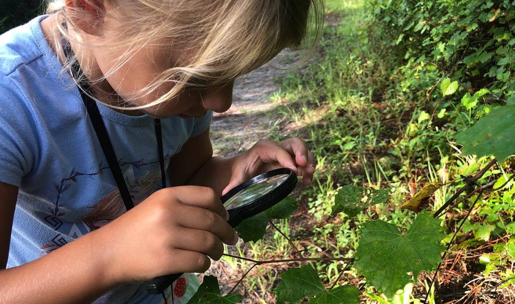 Girl looking at leaves using a magnifying lens
