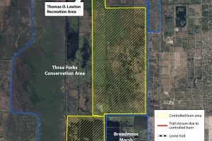 Map of Three Forks Conservation Area with indication of burn area