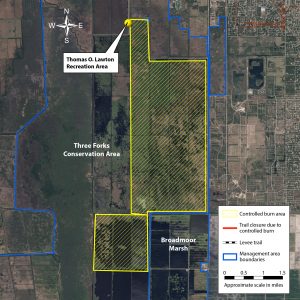 Map of Three Forks Conservation Area with indication of burn area