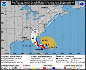 Map showing track of hurricane Nicole
